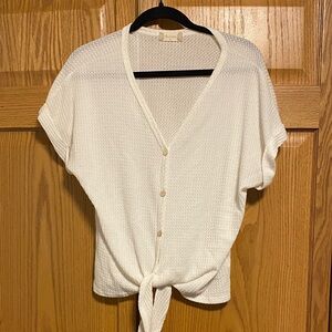 Altar'd State White Button-Tie Short Sleeve Knit Top